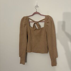 Forever 21 Womens Large Tan Sweater Cable Knit Ribbed Puff Sleeves Minimalist